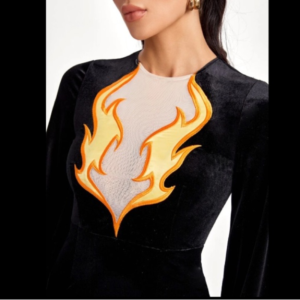 NEW FLAME WALKER EMBROIDERED BLACK VELVET ASYMMETRICAL DRESS - Picture 6 of 6